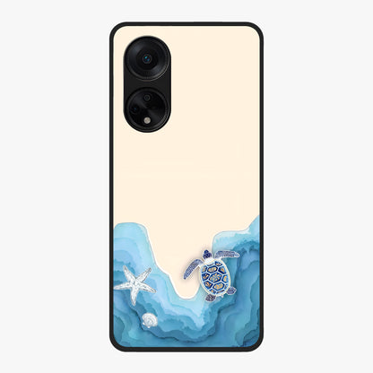 Ocean Drift Turtle Glass Case showing flat back view with sea turtle artwork and glossy glass finish.
