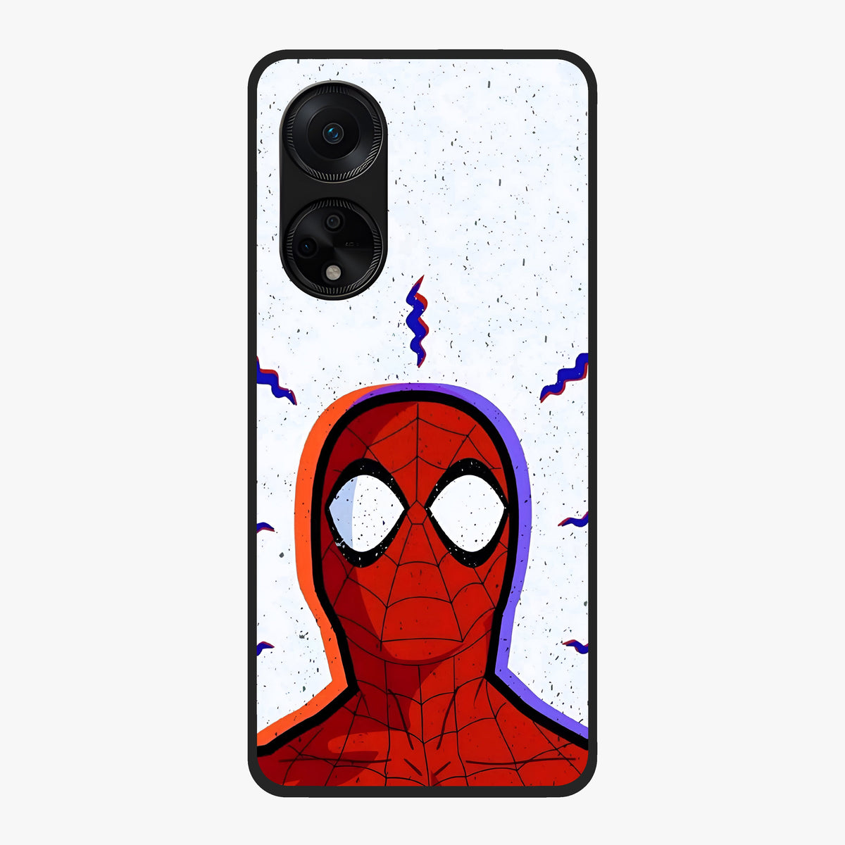 Omg Spiderman Glass Case showing flat back view with bold superhero inspired artwork and glossy glass finish.