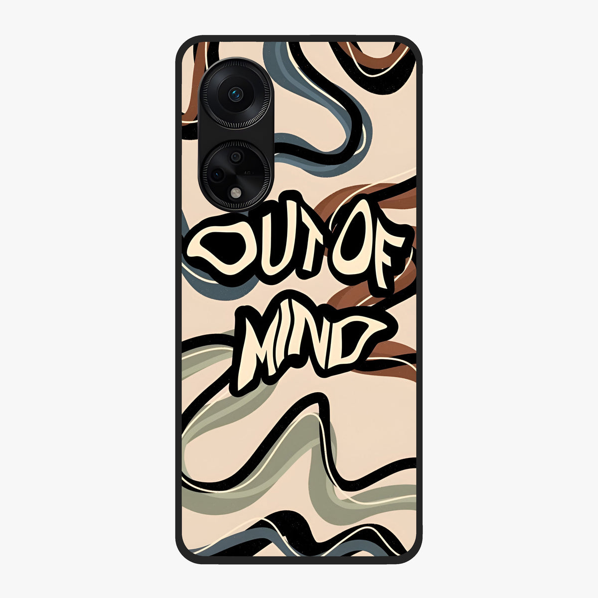 Out Of Mind Glass Case showing flat back view with expressive typography artwork and glossy glass finish.