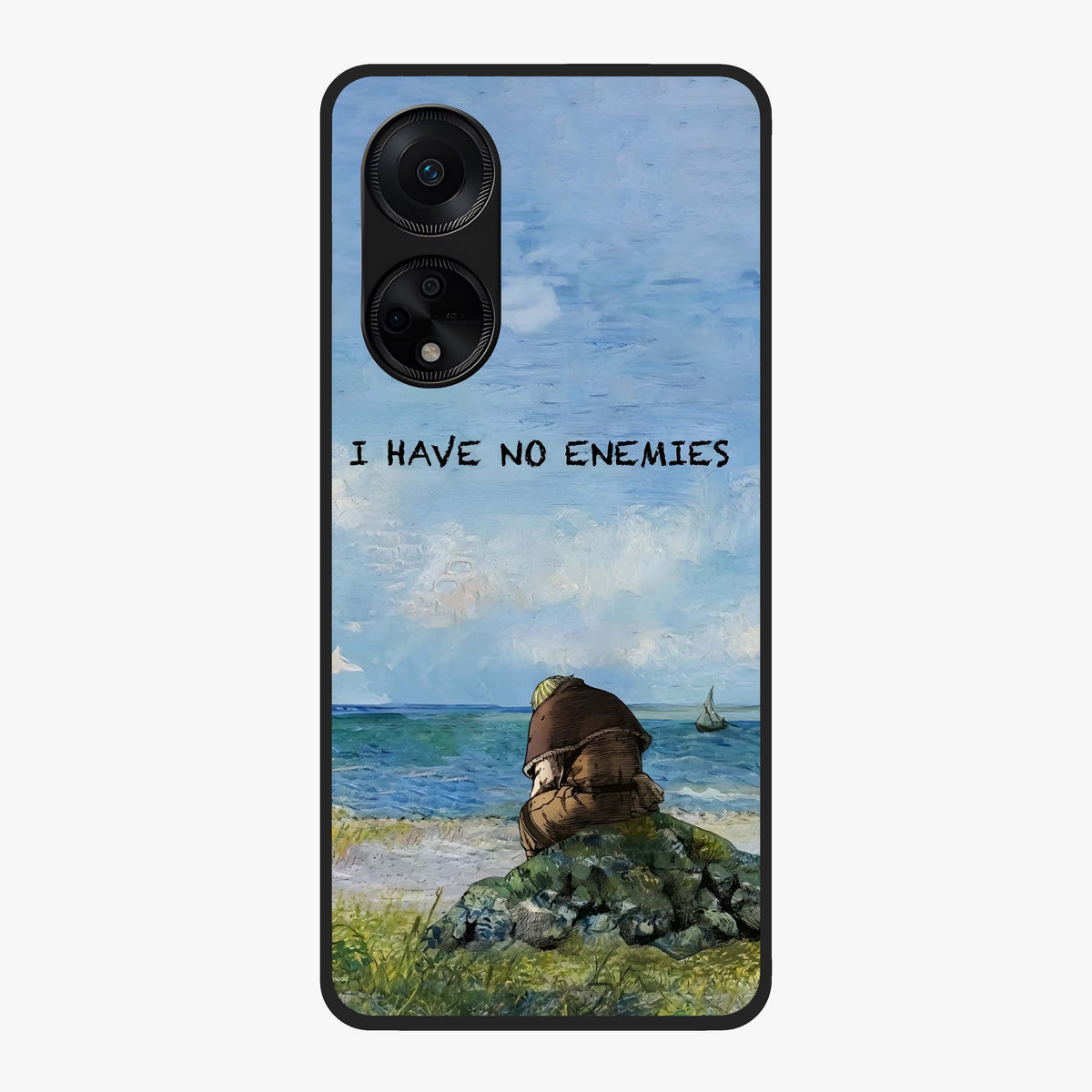 Peace Beyond War Glass Case showing flat back view with symbolic peace themed artwork and glossy glass finish.