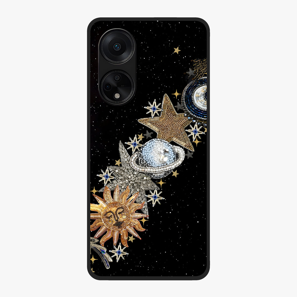Pearls Universe Object Glass Case showing flat back view with pearl inspired cosmic artwork and glossy glass finish.