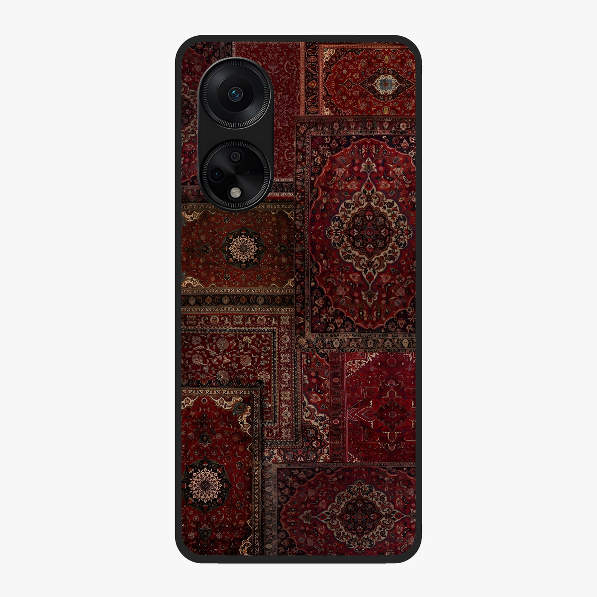 Persian Velvet Tale Glass Case showing flat back view with luxurious Persian velvet pattern artwork and glossy glass finish.
