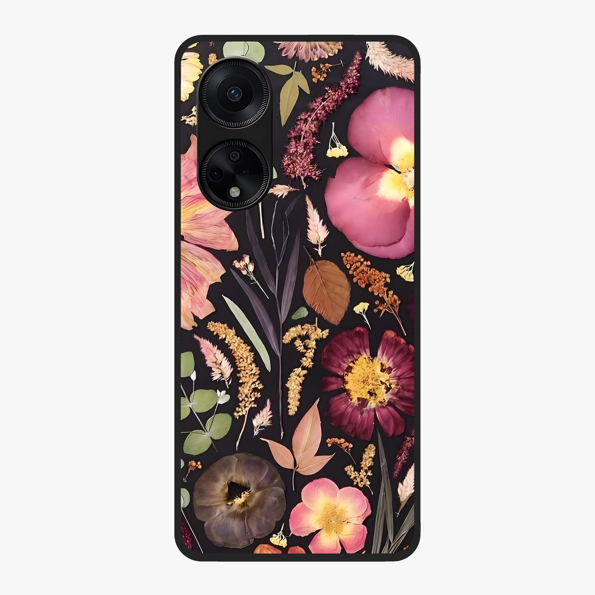 Petal Dream Tapestry Glass Case showing flat back view with intricate floral tapestry artwork and glossy glass finish.