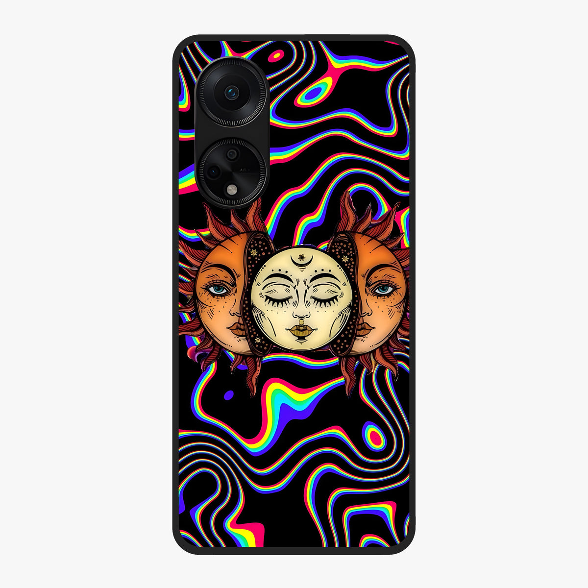 Psychedelic Sun Glass Case showing flat back view with colorful psychedelic sun artwork and glossy glass finish.