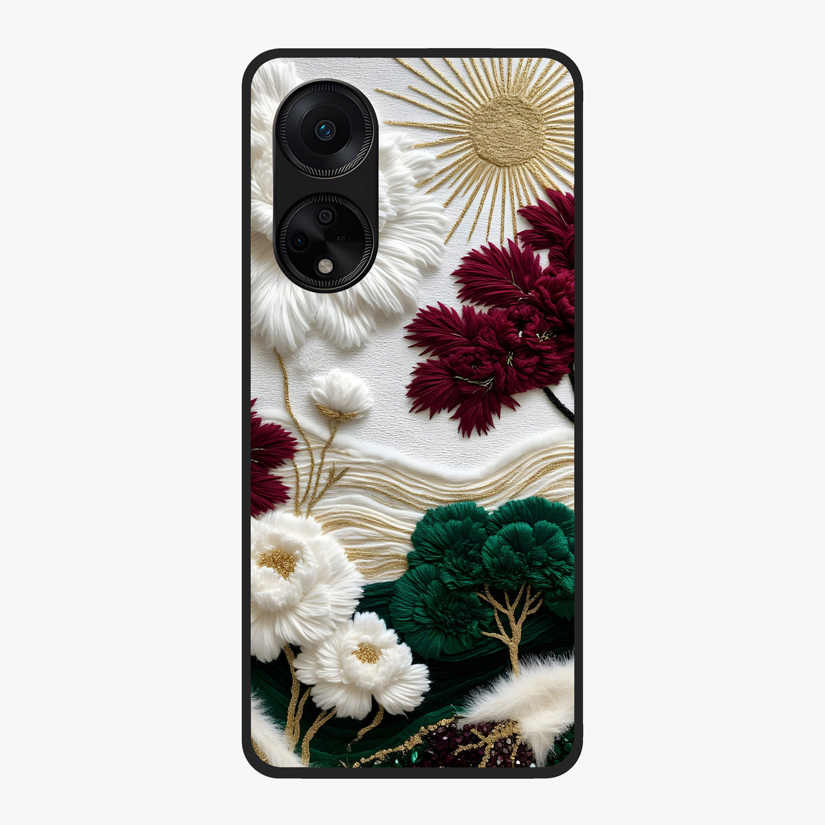 Radiant Bloom Elegance Glass Case showing flat back view with elegant blooming flower artwork and glossy glass finish.