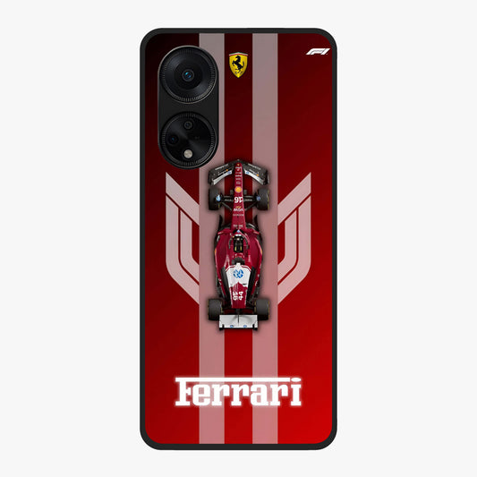Red Ferrari F1 Vertical Glass Case showing flat back view with sleek Formula racing car artwork and glossy glass finish.