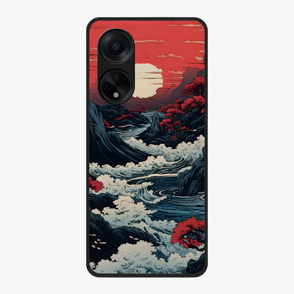 Red Sunset Scenery Glass Case showing flat back view with vibrant sunset landscape artwork and glossy glass finish.
