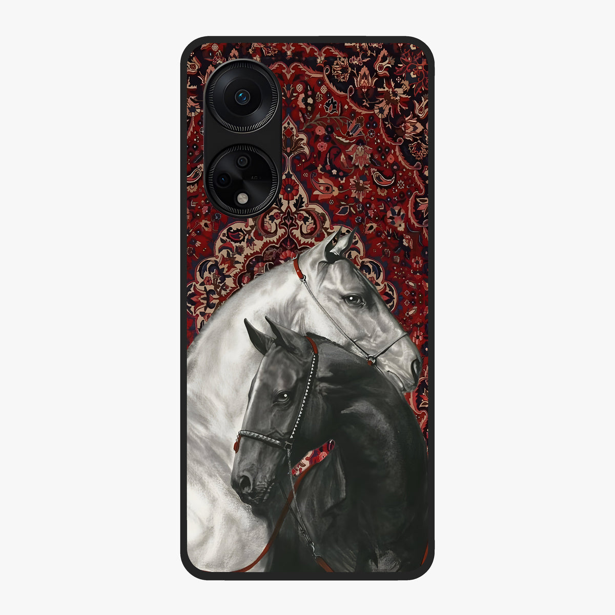 Regal Stallion Tapestry Glass Case showing flat back view with majestic horse tapestry artwork and glossy glass finish.