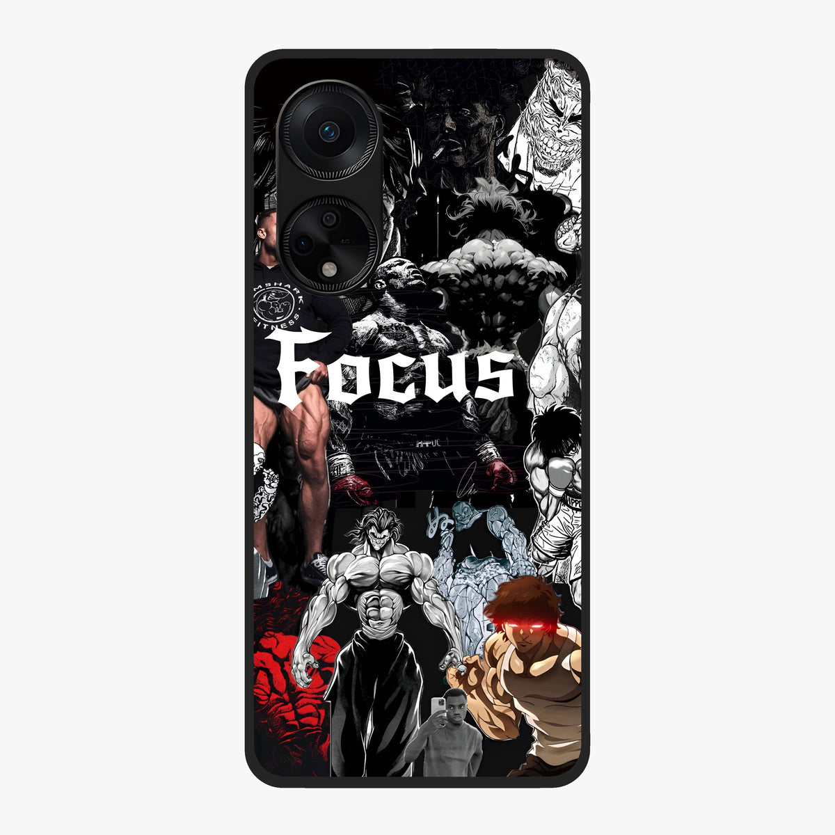 Relentless Power Focus Glass Case showing flat back view with motivational typography artwork and glossy glass finish.