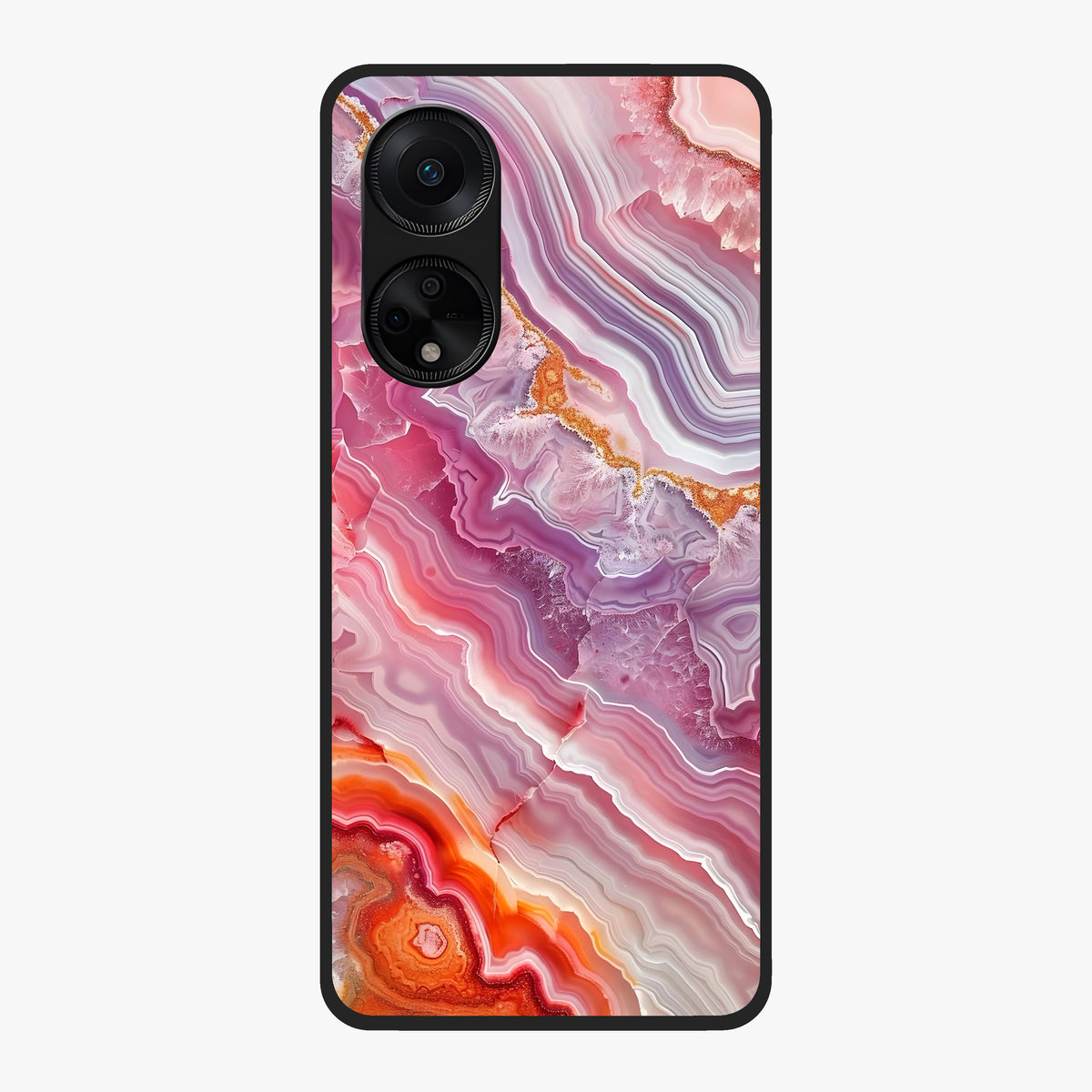 Rose Quartz Marble Glass Case showing flat back view with pink marble quartz texture artwork and glossy glass finish.
