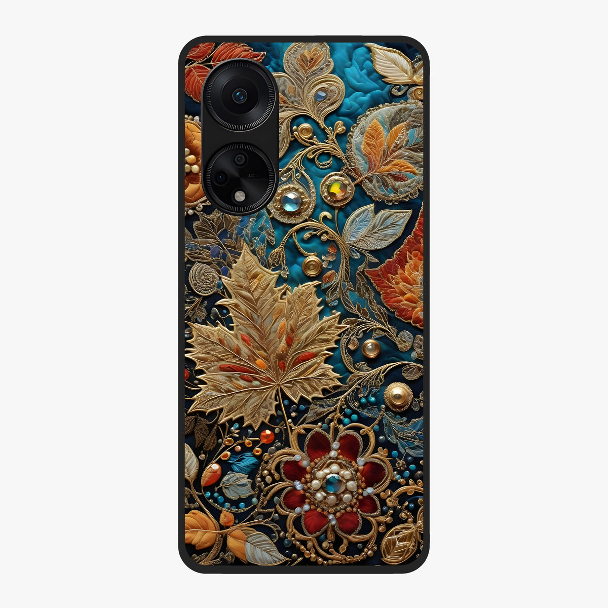Royal Jewel Garden Glass Case showing flat back view with decorative floral garden artwork and glossy glass finish.