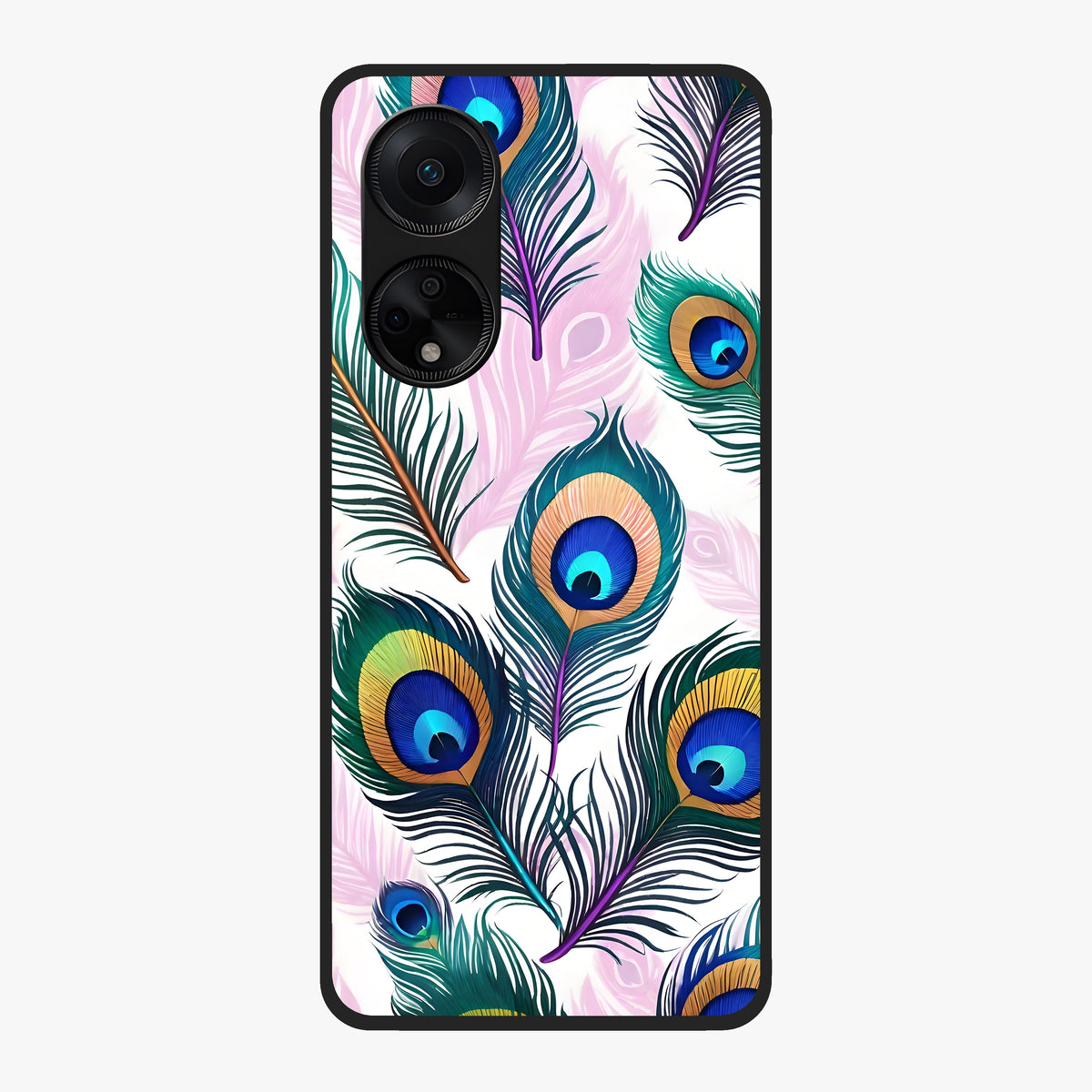 Royal Peacock Feathers Glass Case showing flat back view with colorful peacock feather artwork and glossy glass finish.