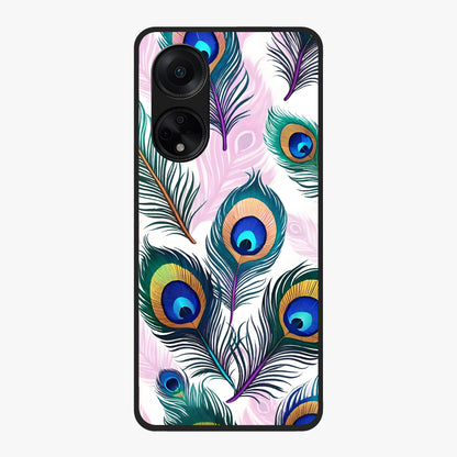 Royal Peacock Feathers Glass Case showing flat back view with colorful peacock feather artwork and glossy glass finish.