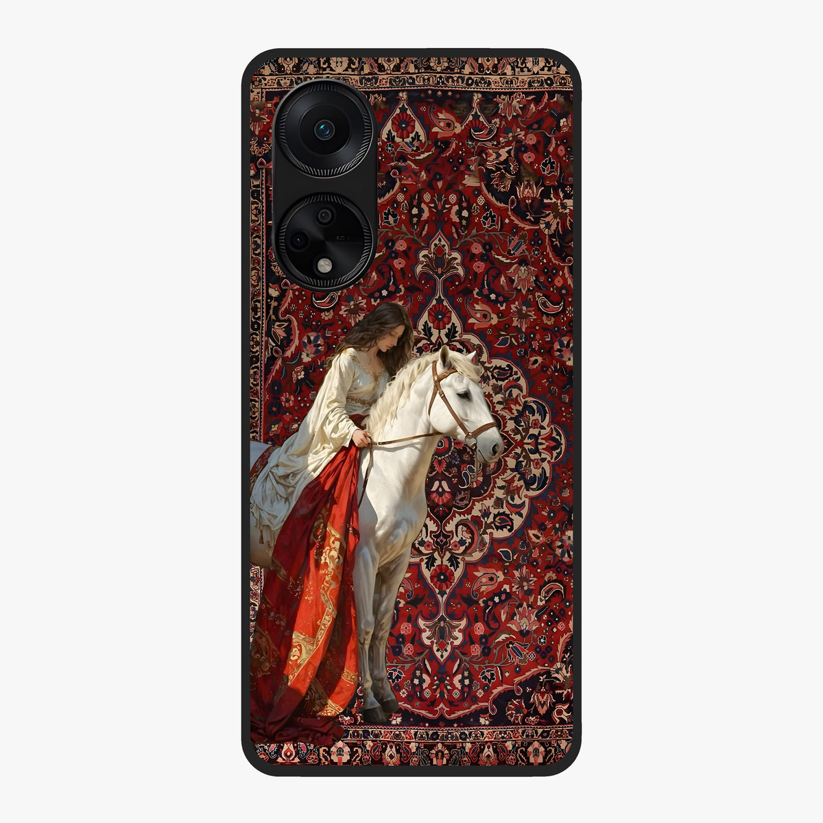 Royal Rider Tapestry Glass Case showing flat back view with majestic horse rider tapestry artwork and glossy glass finish.