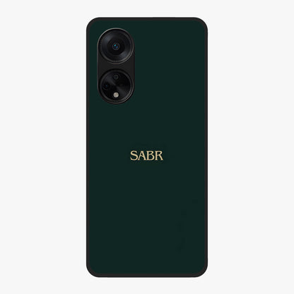 Sabr Minimal Patience Glass Case showing flat back view with minimalist typography artwork and glossy glass finish.
