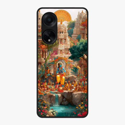 Sacred Sunlight Gods Glass Case showing flat back view with divine sunlight themed artwork and glossy glass finish.