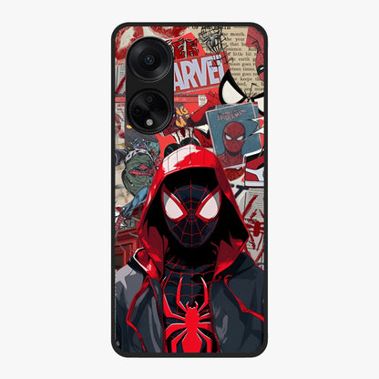 Spider Collage Street Glass Case showing flat back view with vibrant superhero collage artwork and glossy glass finish.