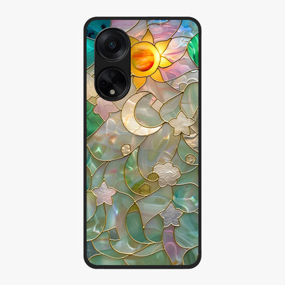 Stained Sunrise Glow Glass Case showing flat back view with glowing sunrise stained pattern artwork and glossy glass finish.