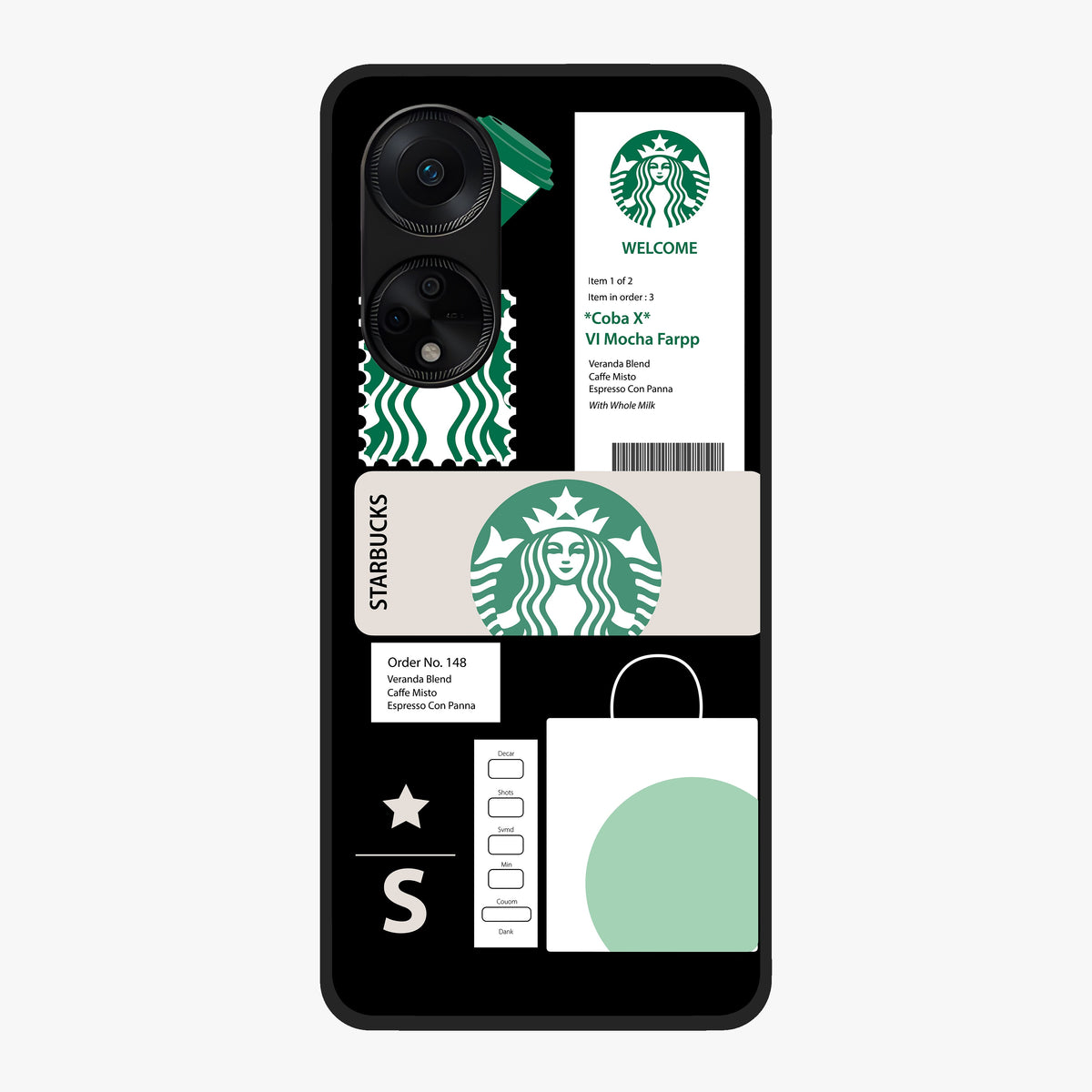 Starbucks Mocha Glass Case showing flat back view with coffee inspired artwork and glossy glass finish.