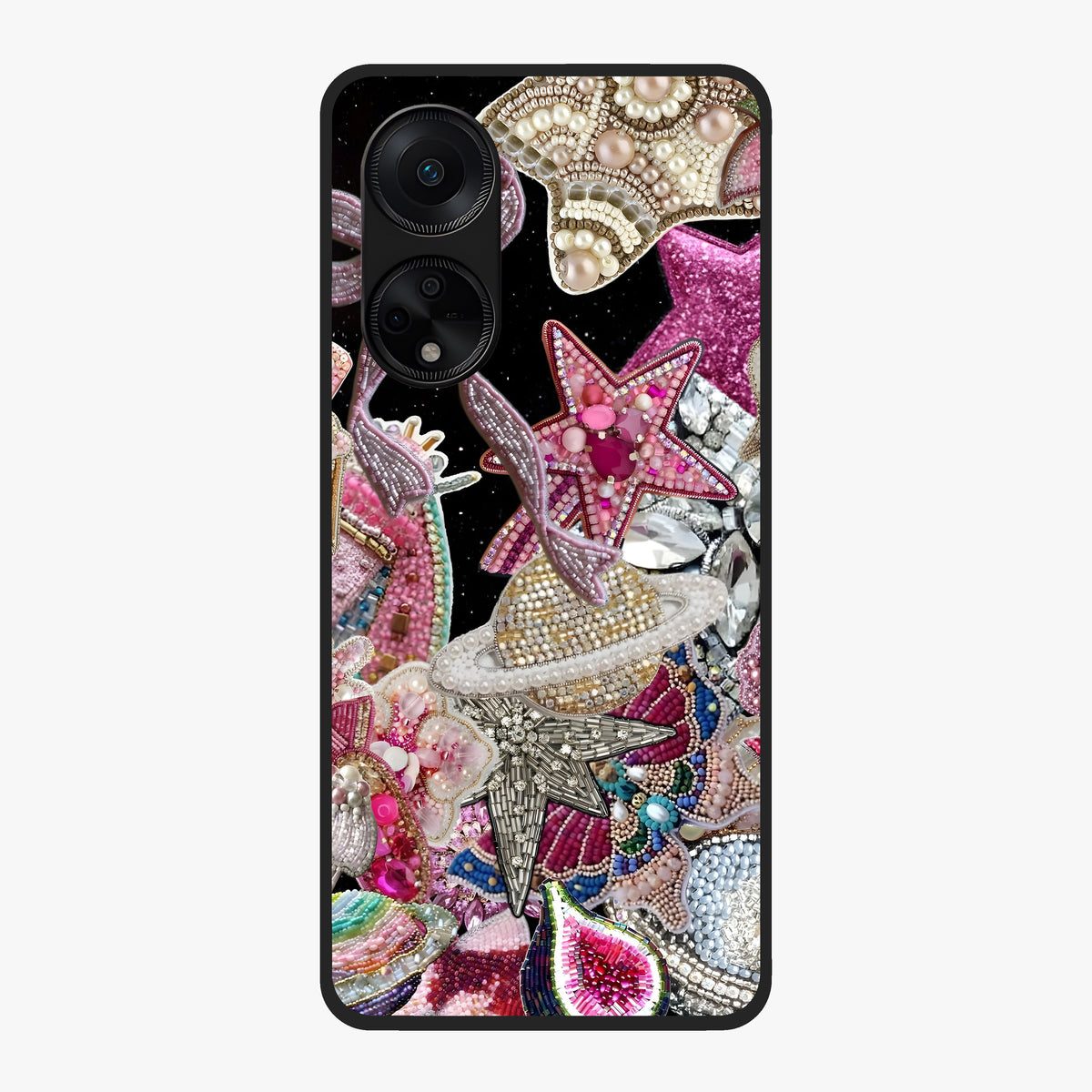 Starlit Jewel Dream Glass Case showing flat back view with sparkling jewel and star themed artwork and glossy glass finish.