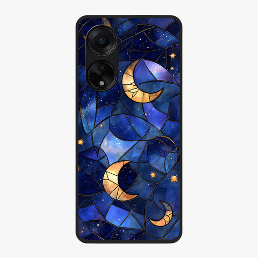 Starlit Sky Tapestry Glass Case showing flat back view with decorative starry sky tapestry artwork and glossy glass finish.