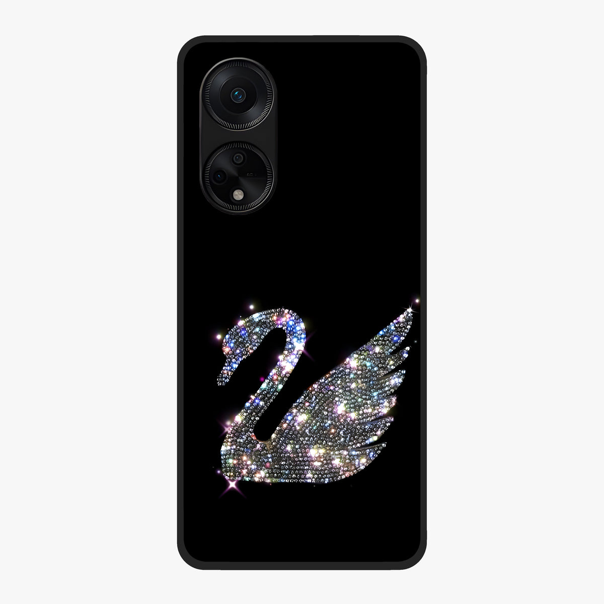 Starlit Swan Grace Glass Case showing flat back view with graceful swan artwork under starry sky and glossy glass finish.