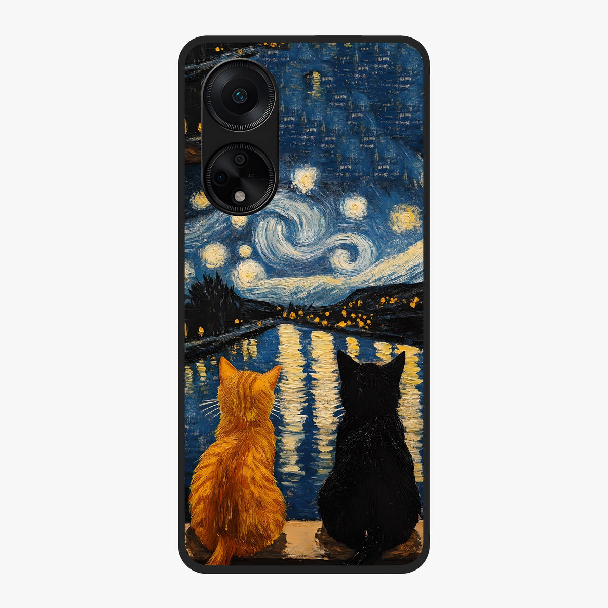 Starry River Cats Glass Case showing flat back view with cats by a starry river artwork and glossy glass finish.