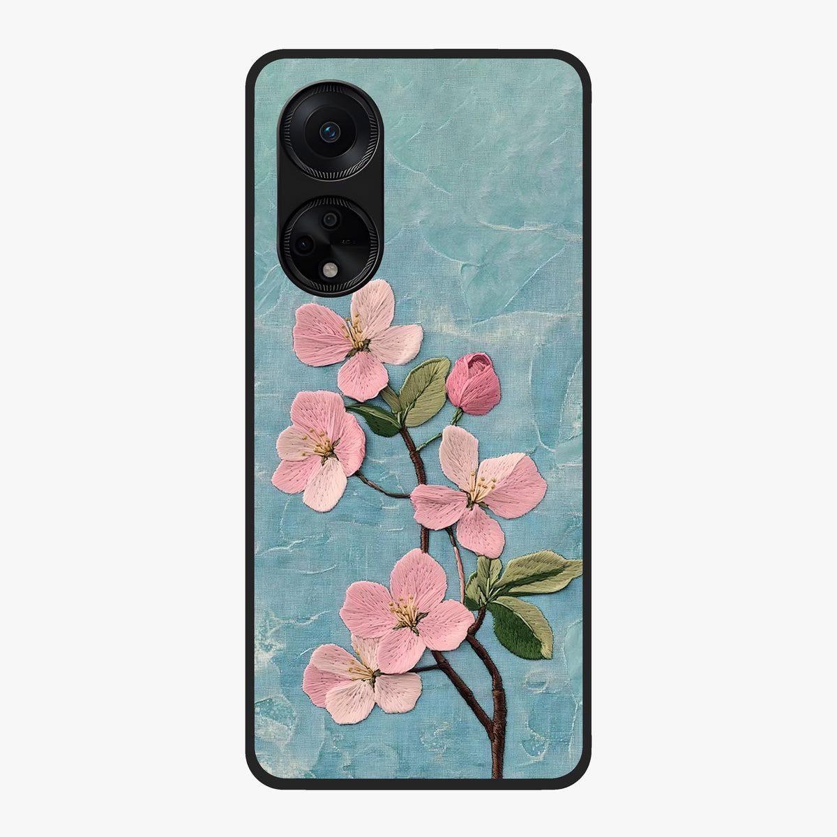 Threaded Blossom Breeze Glass Case showing flat back view with delicate blossom artwork and glossy glass finish.
