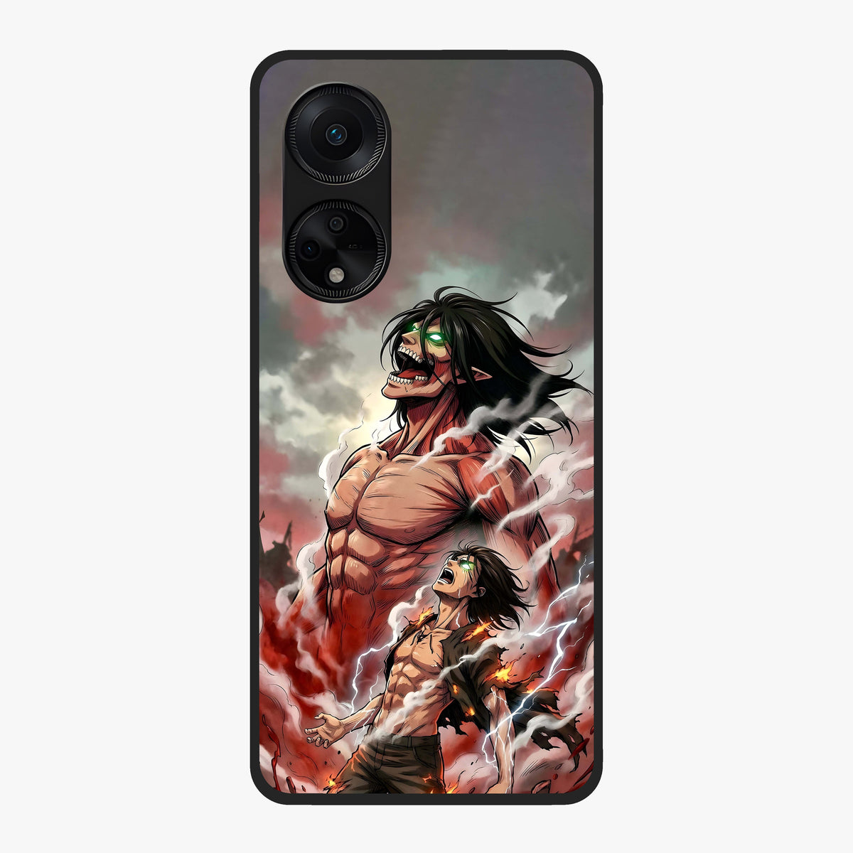 Titan Awakening Fury Glass Case showing flat back view with powerful titan inspired artwork and glossy glass finish.
