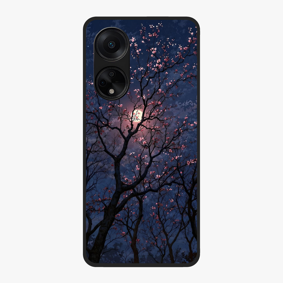 Twilight Sakura Serenade Glass Case showing flat back view with cherry blossom artwork at twilight and glossy glass finish.