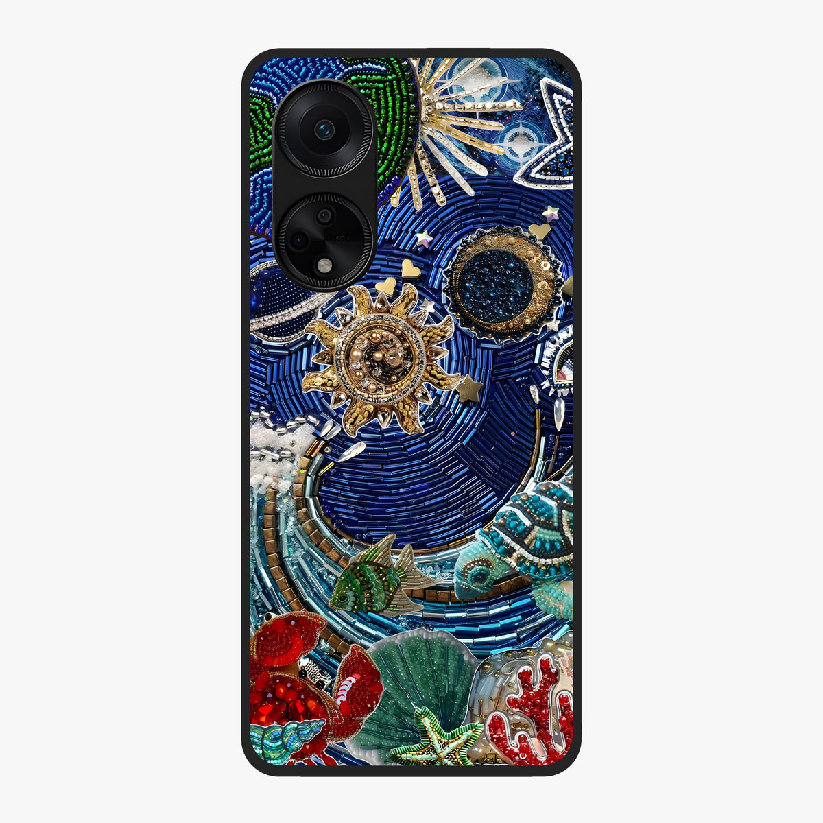 Universe Underwater Spark Glass Case showing flat back view with cosmic underwater themed artwork and glossy glass finish.