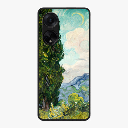 Van Gogh Vintage Art Glass Case showing flat back view with vintage painterly artwork inspired by Van Gogh style and glossy glass finish.