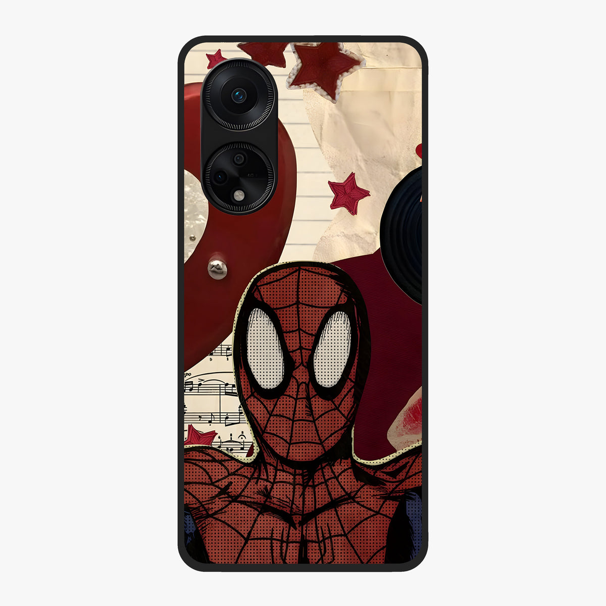 Web Warrior Vibes Glass Case showing flat back view with superhero inspired web themed artwork and glossy glass finish.