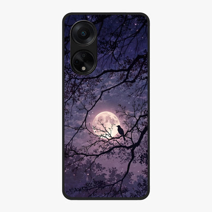 Whispering Moon Silence Glass Case showing flat back view with serene moon themed artwork and glossy glass finish.