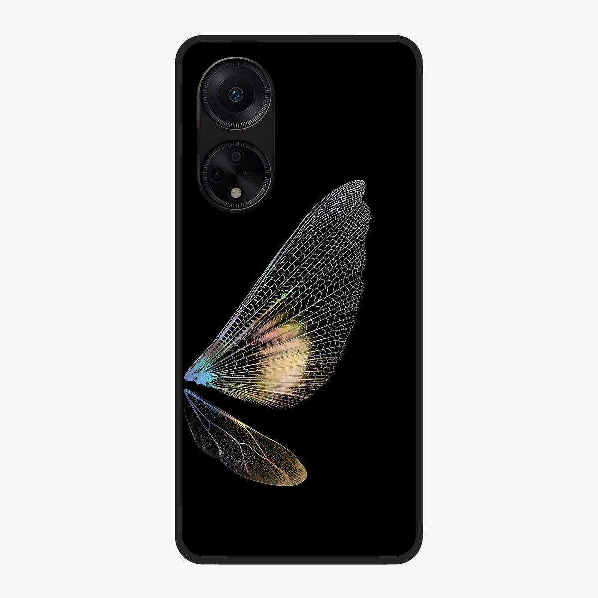 Whispers Of Wings Glass Case showing flat back view with graceful wing inspired artwork and glossy glass finish.