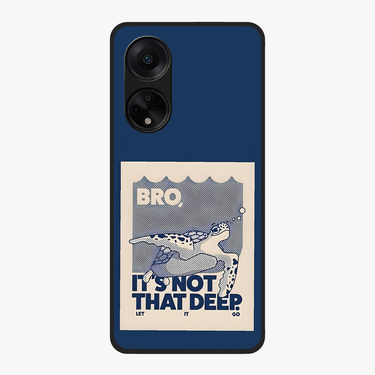 Worry Less Swim Glass Case showing flat back view with playful motivational artwork and glossy glass finish.