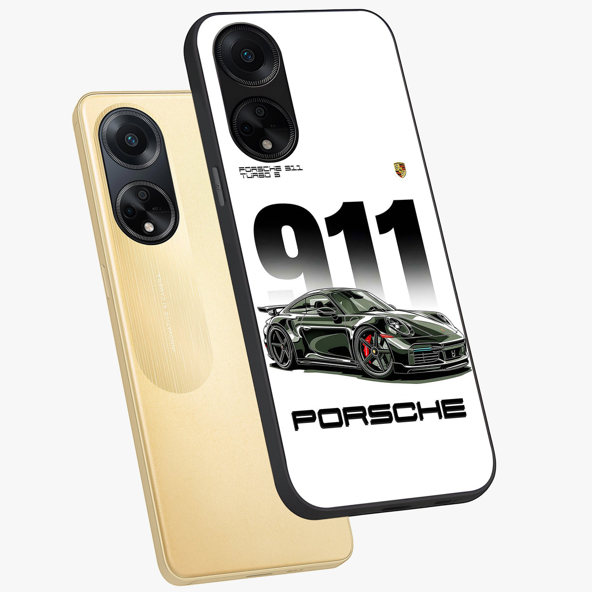 911 Turbo Dominance Glass Case displayed in premium angled mockup highlighting sporty car illustration and sleek glass surface.