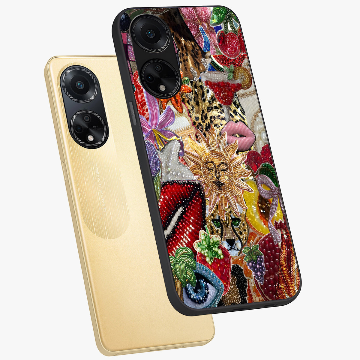 Beaded Fashion Jungle Glass Case displayed in angled mockup highlighting colorful fashion bead design and artistic pattern.