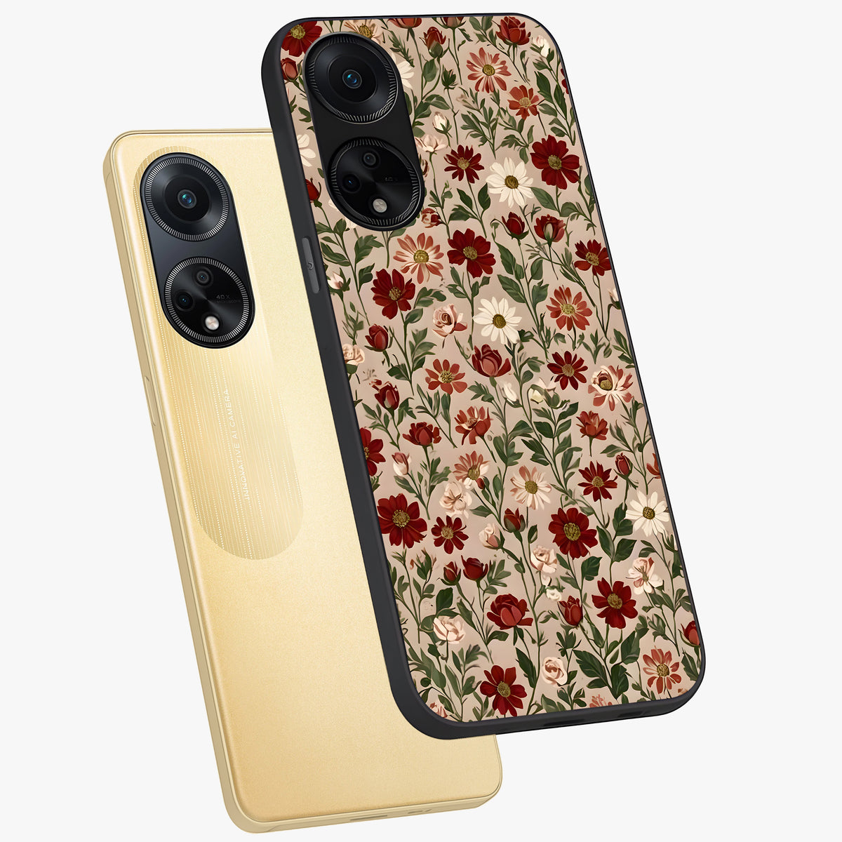 Biege Flower With Leaf Glass Case displayed in angled mockup highlighting minimal floral leaf design and elegant aesthetic.