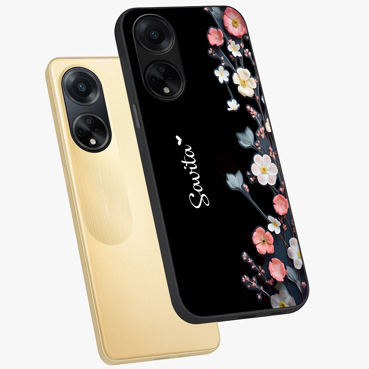 Black Elegance Floral Custom Name Glass Case displayed in angled mockup highlighting dark floral aesthetic and custom name feature.