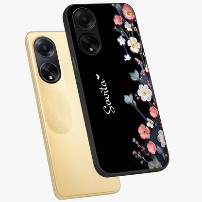 Black Elegance Floral Custom Name Glass Case displayed in angled mockup highlighting dark floral aesthetic and custom name feature.