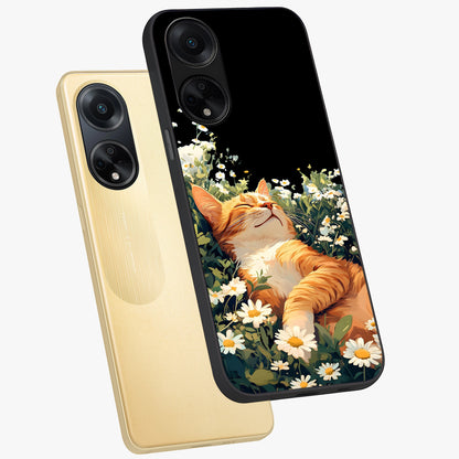 Blissful Bloom Cat Glass Case displayed in angled mockup highlighting playful feline illustration with soft floral aesthetic.