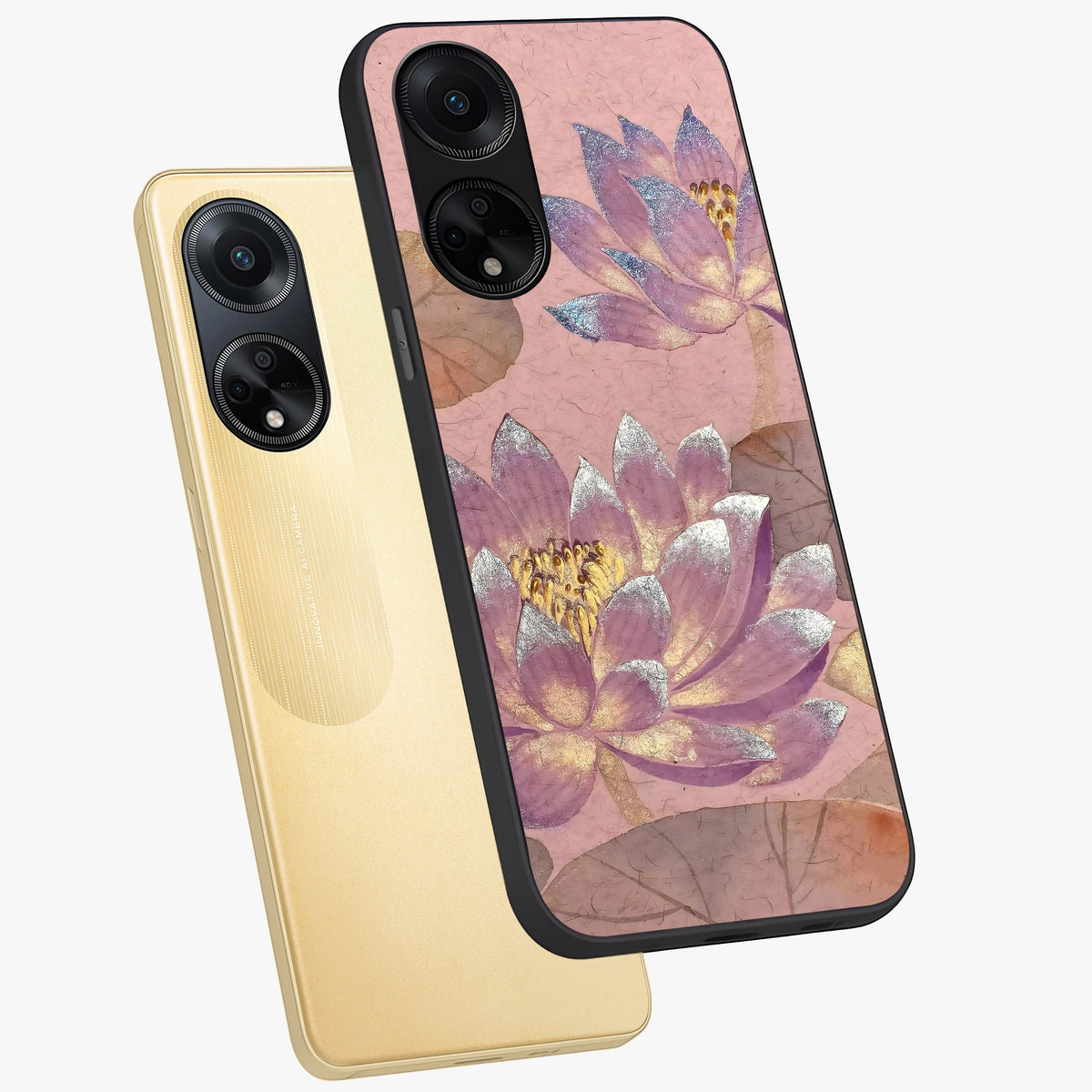 Blossom Mist Lotus Glass Case displayed in angled mockup highlighting delicate lotus illustration with calm aesthetic theme.