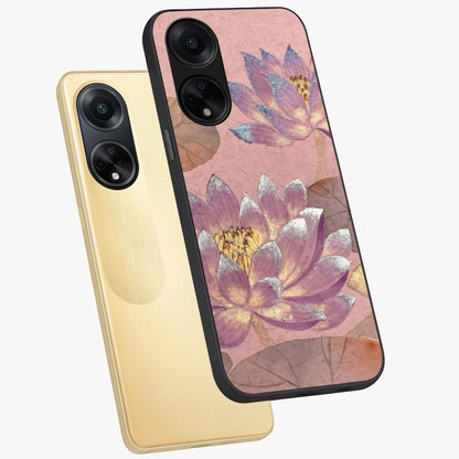 Blossom Mist Lotus Glass Case displayed in angled mockup highlighting delicate lotus illustration with calm aesthetic theme.
