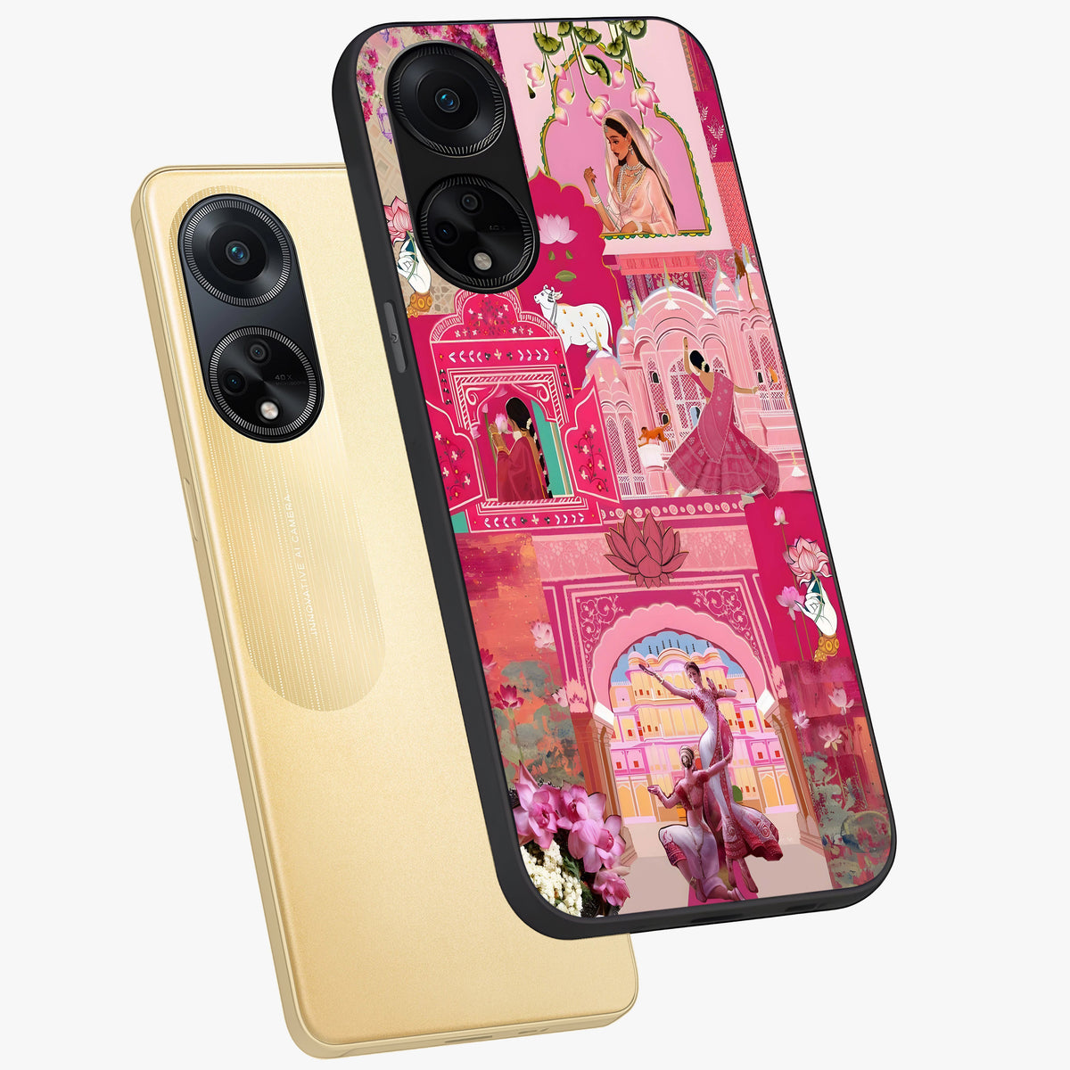 Blossoms of Rajasthan Glass Case displayed in angled mockup highlighting vibrant floral pattern with cultural aesthetic style.