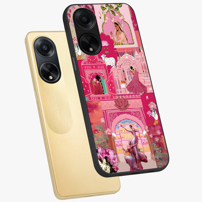 Blossoms of Rajasthan Glass Case displayed in angled mockup highlighting vibrant floral pattern with cultural aesthetic style.