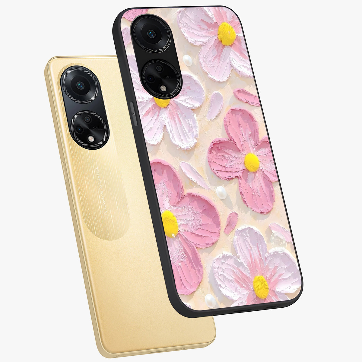 Blush Bloom Texture Glass Case displayed in angled mockup highlighting subtle bloom pattern with aesthetic pastel design.