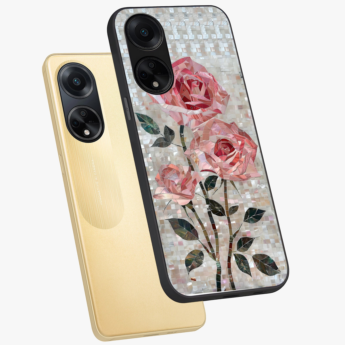 Blush Mosaic Bloom Glass Case displayed in angled mockup highlighting artistic mosaic flower pattern with aesthetic design.