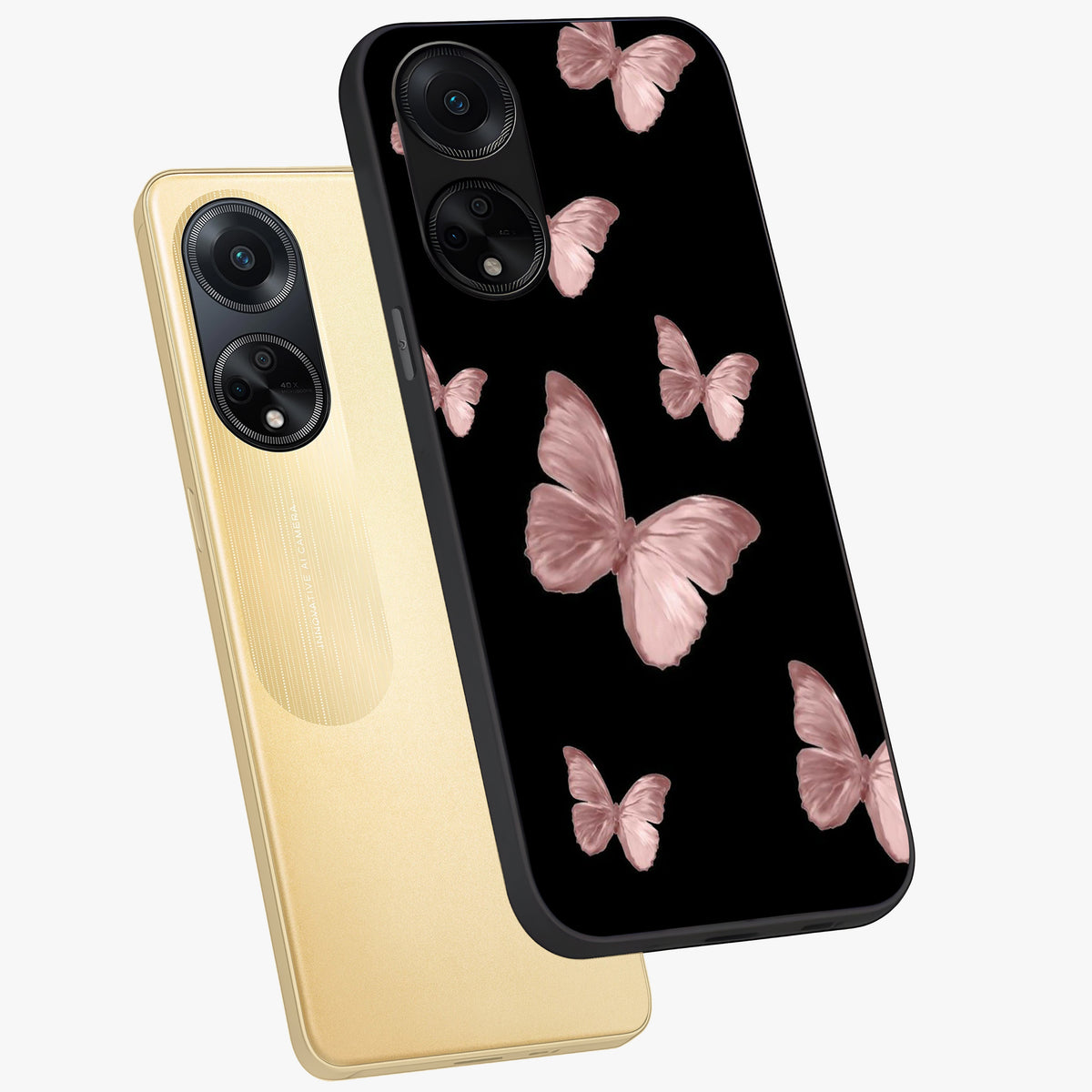 Butterfly Pattern Glass Case displayed in angled mockup highlighting delicate butterfly design and aesthetic pattern style.