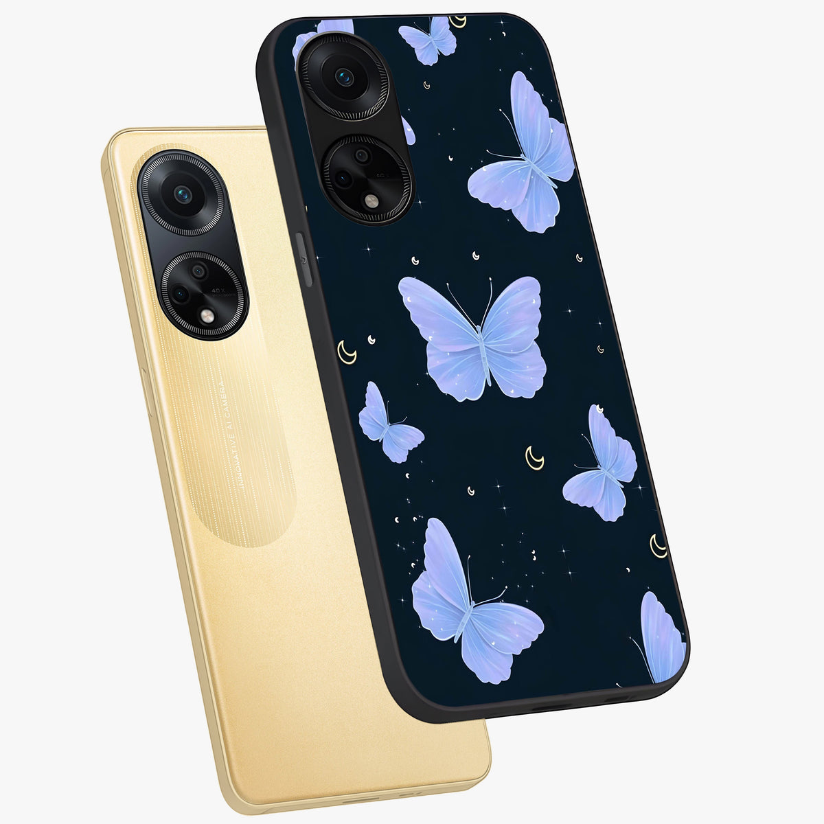 Butterfly With Stars Pattern Glass Case displayed in angled mockup highlighting dreamy butterfly and star design with aesthetic theme.